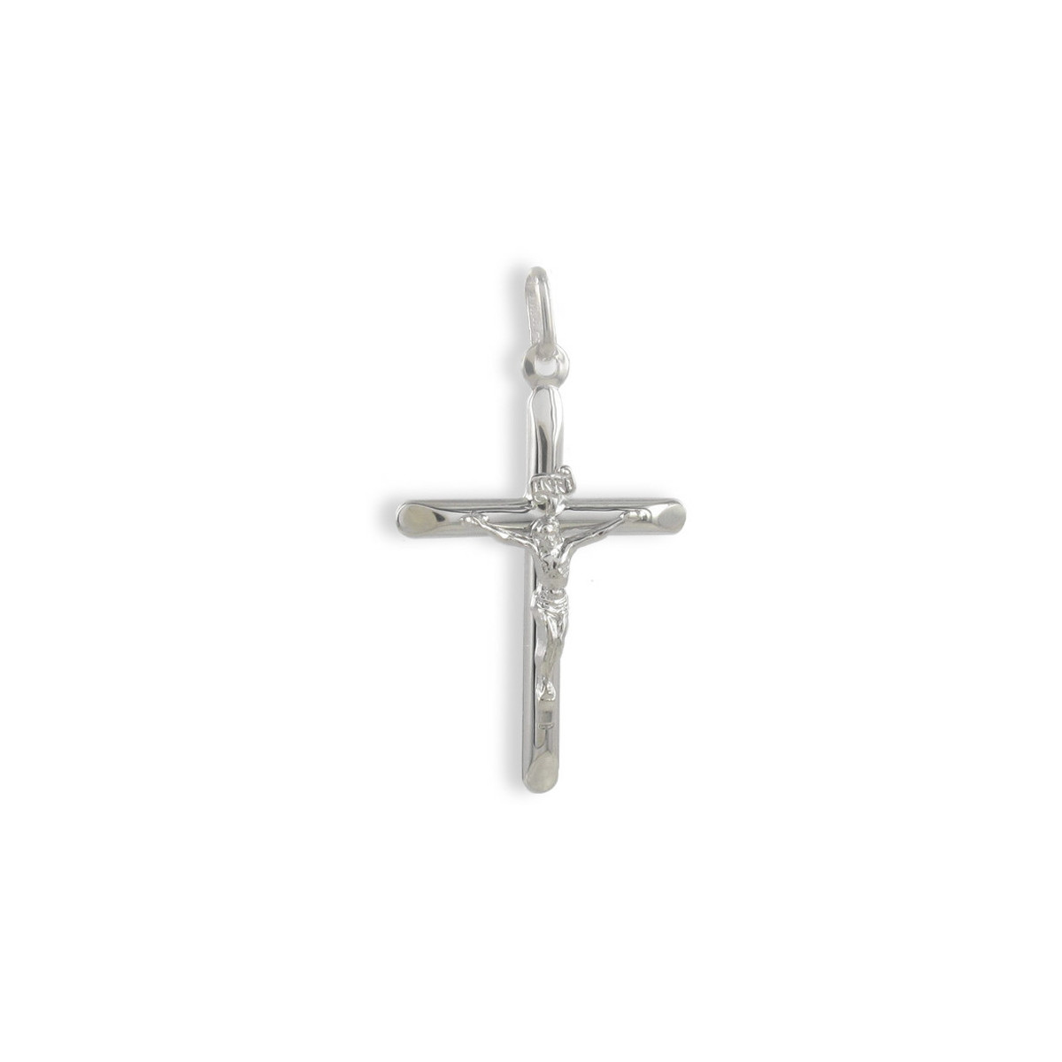 COLGANTE CRUZ PLATA MEDIA CAÑA CON CRISTO 2,8 X 2 CM