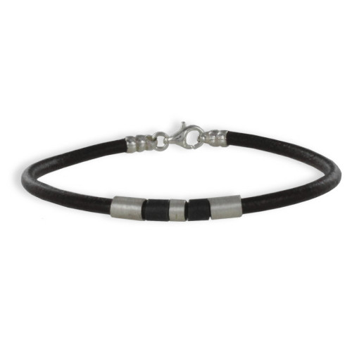 PULSERA CUERO TUBOS PLATA DE LEY
