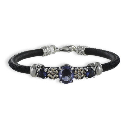PULSERA CUERO Y PLATA CON ESPINELAS AZULES