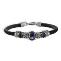 PULSERA CUERO Y PLATA CON ESPINELAS AZULES