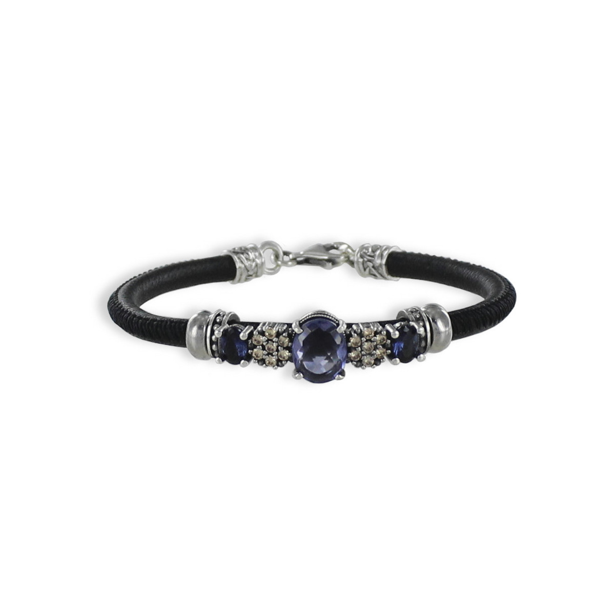PULSERA CUERO Y PLATA CON ESPINELAS AZULES