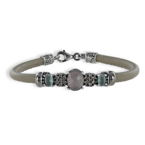 PULSERA CUERO Y PLATA CUARZO ROSA