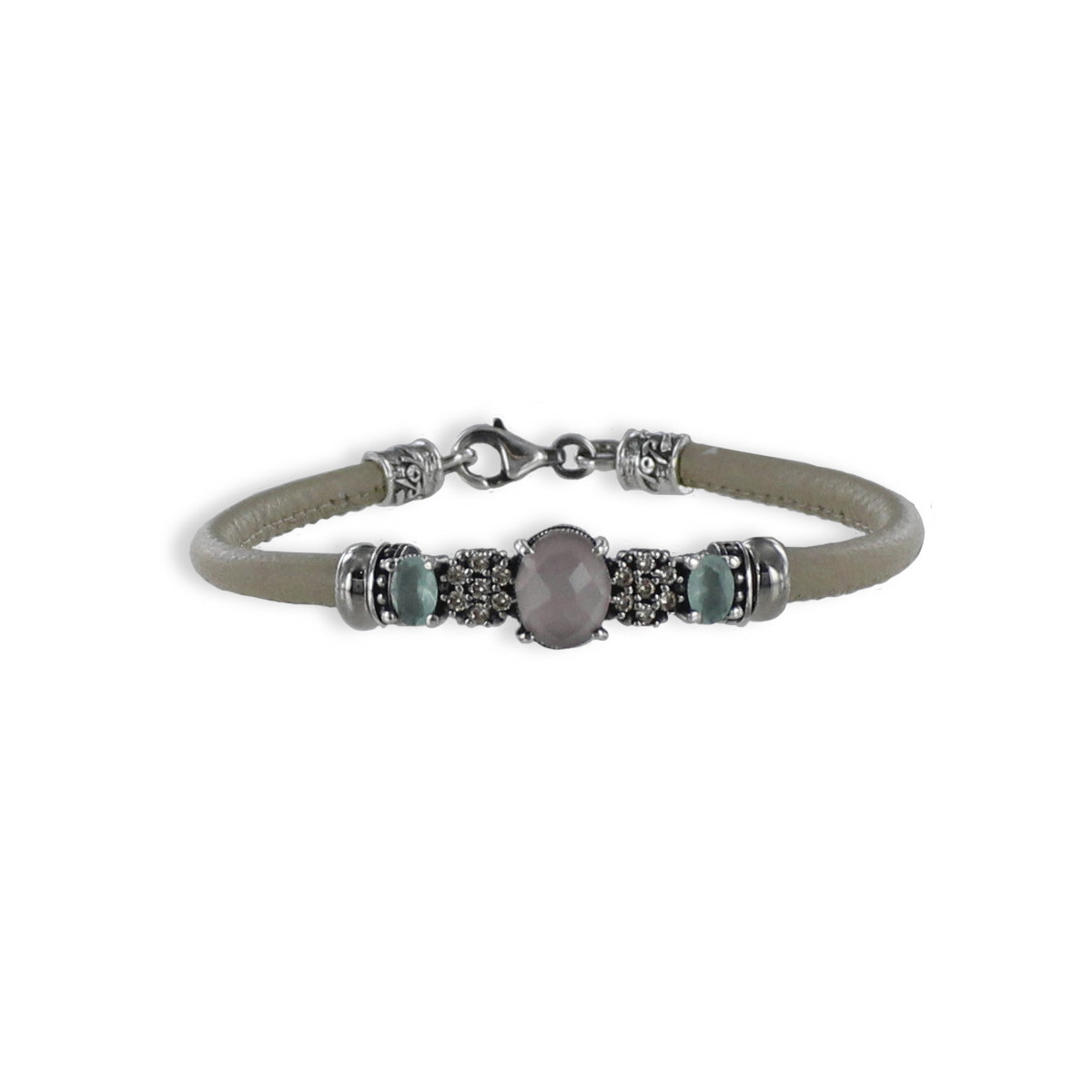 PULSERA CUERO Y PLATA CUARZO ROSA